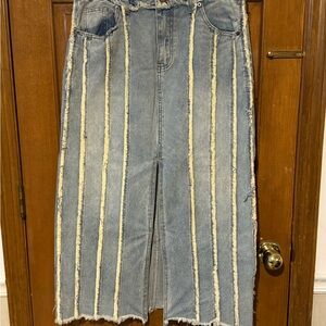 Chic Denim and Cream Striped Maxi Skirt